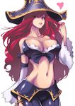  blue_eyes breasts cleavage detached_sleeves devildogs groin hair_twirling hat highres large_breasts league_of_legends lips long_hair looking_at_viewer midriff navel parted_lips pirate_hat red_hair sarah_fortune simple_background solo very_long_hair white_background 