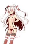  amatsukaze_(kantai_collection) black_panties breasts choker gloves kantai_collection long_hair medium_breasts navel panties side-tie_panties simple_background single_glove solo thighhighs tobi_(one) twitter_username underwear white_background 