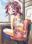  bloomers butt_crack cloud day desk grey_eyes hairband kototora legs_folded looking_at_viewer original pen purple_hair shirt short_hair sitting sky solo swivel_chair t-shirt underwear window yohane 