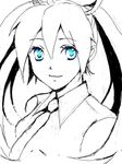  ataru_(7noise) bad_id bad_pixiv_id blue_eyes greyscale hatsune_miku long_hair looking_at_viewer monochrome necktie shirt sleeveless sleeveless_shirt smile solo spot_color twintails very_long_hair vocaloid 