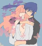  1girl blue_hair breasts cleavage closed_eyes couple hair_over_eyes hetero hug hug_from_behind japanese_clothes kimono koz long_hair macross macross_frontier no_bra pink_hair ponytail saotome_alto sheryl_nome small_breasts tears very_long_hair wrist_grab 