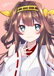  :3 bare_shoulders blue_eyes brown_hair detached_sleeves double_bun hair_ornament hairband headgear japanese_clothes kantai_collection kongou_(kantai_collection) long_hair mirakururu nontraditional_miko ribbon-trimmed_sleeves ribbon_trim smile solo v-shaped_eyebrows 