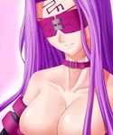  akimichi bare_shoulders blindfold breasts cleavage collar elbow_gloves facial_mark facing_viewer fate/stay_night fate_(series) forehead_mark gloves huge_breasts light_smile long_hair rider solo upper_body 