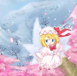  blonde_hair blue_eyes blush bow capelet dress fairy fairy_wings hat lily_white long_sleeves open_mouth petals short_hair snow snowing solo touhou tree white_dress wind wings yamabuki_(yusuraume) 