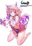  ahoge animal_ears bare_legs bare_shoulders barefoot bell bell_collar blush bow cardigan cat_ears cat_tail collar curly_hair full_body hair_bell hair_ornament hair_ribbon jacket long_hair off_shoulder official_art open_cardigan open_clothes paw_pose pink_eyes pink_hair repi ribbon shiny shiny_skin shirt simple_background sitting sleeveless sleeveless_shirt sleeves_past_wrists solo tail tail_bow twintails unleashed very_long_hair wariza watermark white_background 