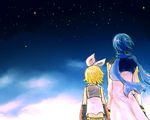  1girl ataru_(7noise) bad_id bad_pixiv_id blonde_hair blue_hair blue_scarf height_difference holding_hands kagamine_rin kaito scarf sky star_(sky) starry_sky vocaloid wind 