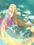  absurdly_long_hair barefoot blonde_hair dress flower hair_flower hair_ornament highres long_hair nora_(kukumaka23) on_grass pascal_(tangled) purple_dress rapunzel_(disney) solo_focus tangled very_long_hair 