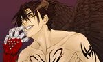  bad_id bad_pixiv_id black_hair black_wings collarbone dark_persona demon_horns devil_jin feathered_wings gauntlets gloves grin horns juu_satoshi kazama_jin male_focus muscle shirtless smile solo tattoo tekken wings yellow_eyes 