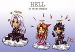  1girl 2boys aerith_gainsborough brown_hair chibi cloud clouds final_fantasy final_fantasy_vii flag halo long_hair middle_finger multiple_boys peace_sign ponytail ribbon sephiroth shoulder_pads sitting spiked_hair spikey_hair square-enix square_enix tongue v white_hair zack_fair 