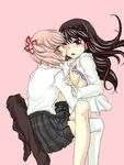  akemi_homura black_hair blush breast_grab d: flat_chest grabbing hair_ribbon hairband hand_on_another's_chest ichigen kaname_madoka kiss long_hair looking_at_another mahou_shoujo_madoka_magica multiple_girls open_clothes open_mouth open_shirt pantyhose pantyhose_around_one_leg pantyhose_pull pink_background pink_eyes pink_hair purple_eyes ribbon saliva saliva_trail school_uniform shirt shirt_lift short_twintails simple_background skirt sweat tears thighhighs twintails yuri 