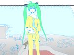  ataru_(7noise) bad_id bad_pixiv_id expressionless flat_color green_hair hatsune_miku indoors long_hair looking_at_viewer messy midriff pajamas room solo standing twintails vocaloid 