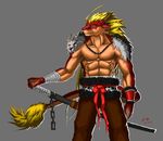  &#23567;&#22934;&#20808;&#26862; ???? anthro bandage belt biceps blonde_hair blue_eyes claws clothing dragon grey_background hair invalid_color katana male muscles pants pecs plain_background pose reptile scales scalie solo standing sword toned topless weapon 