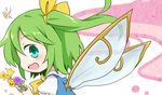  ascot blush daiyousei fairy_wings flower green_eyes green_hair hair_ribbon looking_at_viewer open_mouth ribbon short_hair side_ponytail smile solo touhou wings yamabuki_(yusuraume) 