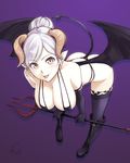  :p bare_shoulders breasts brown_eyes cleavage demon_girl demon_tail demon_wings elbow_gloves gloves huge_breasts korisei leaning_forward looking_at_viewer original pitchfork pointy_ears purple_background silver_hair simple_background solo tail tied_hair tongue tongue_out wings 