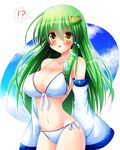  &gt;_&lt; 1girl :d bare_shoulders bikini blush breasts cleavage closed_eyes detached_sleeves expressive_clothes frog_hair_ornament front-tie_bikini front-tie_top green_hair hair_ornament highres kochiya_sanae large_breasts long_hair long_sleeves navel open_mouth osashin_(osada) side-tie_bikini sleeves_past_wrists smile snake_hair_ornament solo strap_gap sweatdrop swimsuit touhou white_bikini xd yellow_eyes 