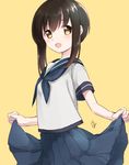  black_hair fubuki_(kantai_collection) kantai_collection mirakururu neckerchief open_mouth pleated_skirt school_uniform serafuku shirt short_hair short_sleeves skirt skirt_lift smile solo yellow_background 