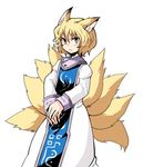  animal_ears blonde_hair dress expressionless fox_ears fox_tail multiple_tails no_hat no_headwear short_hair simple_background solo tabard tail tako_(plastic_protein) touhou white_background yakumo_ran yellow_eyes 