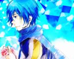  ataru_(7noise) bad_id bad_pixiv_id blue_eyes blue_hair expressionless flower holding kaito male_focus profile rose sketch solo vocaloid 