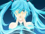  aqua_eyes aqua_hair ataru_(7noise) bad_id bad_pixiv_id bare_shoulders expressionless hair_ribbon hands_on_own_face hatsune_miku long_hair looking_at_viewer lowres necktie ribbon solo twintails vocaloid 