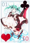 aqua_eyes aqua_hair boqboq dress earrings elbow_gloves gloves green_hair hatsune_miku highres jewelry long_hair multiple_girls necklace pantyhose red_eyes thighhighs twintails vocaloid 