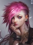 banned_artist blue_eyes bracelet commentary earrings finger_to_mouth gears hand_on_own_chin highres jewelry league_of_legends lips nose_piercing paul_kwon piercing pink_hair portrait solo tattoo vi_(league_of_legends) 