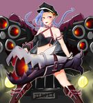  1girl absurdres blue_hair boots braid car hat highres jinx_(league_of_legends) league_of_legends long_hair motor_vehicle red_eyes vehicle weapon 