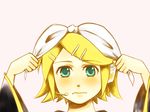  ataru_(7noise) bad_id bad_pixiv_id blonde_hair face green_eyes hairband kagamine_rin looking_at_viewer microphone sad solo vocaloid wavy_mouth 