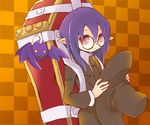  bad_id bad_pixiv_id bat coffin glasses hat hat_removed headwear_removed hitsugi_katsugi_no_kuro holding holding_hat kazaki_(akllab) kuro_(hitsugi_katsugi_no_kuro) looking_at_viewer necktie pointy_ears purple_hair red_eyes reverse_trap smile solo 