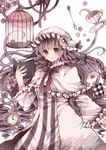  bad_id bad_pixiv_id birdcage book bow braid cage card clock crescent cup hair_bow hat highres patchouli_knowledge purple_eyes purple_hair solo teacup touhou wiriam07 