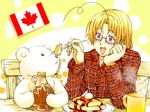  ahoge axis_powers_hetalia blonde_hair canada canada_(hetalia) canadian_flag flag glasses male_focus purple_eyes smile solo stuffed_animal stuffed_toy tanutanupatty teddy_bear 