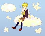  ^_^ ataru_(7noise) bad_id bad_pixiv_id closed_eyes cloud eating kagamine_len kneehighs loafers male_focus musical_note necktie shirt shoes short_sleeves shorts sitting sky solo vocaloid yellow_neckwear 