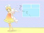  ataru_(7noise) bad_id bad_pixiv_id barefoot blonde_hair dress expressionless full_body hair_ornament hairband hairclip kagamine_rin looking_at_viewer solo stuffed_animal stuffed_bunny stuffed_toy vocaloid 