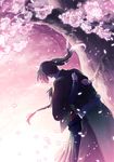  1girl braid cherry_blossoms flower ghost highres hug original petals ponytail tetsukuzu_tetsuko tree 