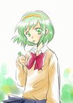  bow cardigan clover four-leaf_clover green_eyes green_hair gumi looking_at_viewer miisuke_(pinksugar) mouth_hold neck_ribbon ribbon school_uniform solo vocaloid 