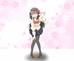  akemi_homura black_hair blush bow closed_mouth glasses hair_bow hand_on_own_knee highres long_hair looking_at_viewer mahou_shoujo_madoka_magica pantyhose petals pink_eyes school_uniform skirt smile teina 