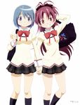  absurdres bag blue_eyes blue_hair grin highres holding_hands huge_filesize interlocked_fingers kneehighs long_hair mahou_shoujo_madoka_magica mahou_shoujo_madoka_magica_movie miki_sayaka multiple_girls official_art ponytail red_eyes red_hair sakura_kyouko school_bag school_uniform short_hair smile watanabe_kazuo 