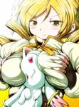  bad_id bad_pixiv_id between_breasts blonde_hair blush breasts drill_hair fingerless_gloves gloves hair_ornament kyubey large_breasts magical_girl mahou_shoujo_madoka_magica namakara_exe short_hair smile tomoe_mami twin_drills twintails yellow_eyes 