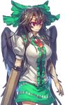  arm_cannon arms_at_sides bangs black_wings blouse bow breasts brown_hair cape green_skirt hair_bow hair_ribbon large_breasts long_hair looking_away melon22 puffy_short_sleeves puffy_sleeves red_eyes reiuji_utsuho ribbon short_sleeves skirt smile solo standing third_eye touhou very_long_hair weapon white_blouse wings 