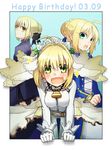  ahoge artoria_pendragon_(all) belt blonde_hair blush bow fate/extra fate/extra_ccc fate/stay_night fate_(series) gloves green_eyes hair_bow hair_bun happy_birthday looking_at_viewer looking_back multiple_girls nero_claudius_(bride)_(fate) nero_claudius_(fate)_(all) open_mouth ruchi saber saber_alter yellow_eyes zipper 