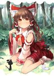  animal_ears animalization ascot bare_shoulders blush bow breasts brown_eyes brown_hair cat cat_ears chen chen_(cat) hair_bow hair_tubes hakurei_reimu kirisame_marisa medium_breasts paw_pose rumia shin_(new) sitting touhou wariza 