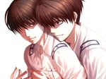  arai_shouji brown_hair character_request gakkou_de_atta_kowai_hanashi hug hug_from_behind male_focus multiple_boys school_uniform shirt short_sleeves yashano_akira 