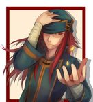  bandages coin coin_flip fire_emblem fire_emblem:_seima_no_kouseki hand_on_headwear hat hat_over_one_eye joshua_(fire_emblem) long_hair male_focus red_eyes red_hair serge_komiko signature solo 