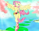  arthropod blue_eyes breasts butterfly equine female flower fluttershy_(mlp) friendship_is_magic fur hair horse insect lilypads long_hair mammal minthentai my_little_pony navel nipples pegasus pink_hair pony pussy shoes smile solo standing water wings yellow_fur 