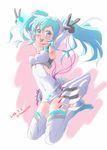  2014 aqua_eyes aqua_hair armpits artist_name boots covered_navel dated double_v elbow_gloves gloves goodsmile_company goodsmile_racing hatsune_miku jumping long_hair open_mouth race_queen racing_miku racing_miku_(2014) solo thigh_boots thighhighs totsuki_touka_(orange_factory) twintails v vocaloid 