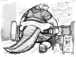  anthro aokmaidu belly big_belly big_butt butt clothed clothing crocodilian finnish_text greyscale hoodie huge_butt hyper hyper_belly hyper_butt inside looking_back love_handles male midriff monochrome morbidly_obese obese obese_male overweight overweight_male reptile scalie solo squish store stuck text thick_tail thick_thighs wide_hips worried 