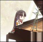  black_hair hair_ribbon hiyou_(kantai_collection) instrument kantai_collection long_hair music piano playing_instrument playing_piano red_eyes ribbon solo uriah-oyu white_ribbon 