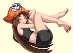  ass bare_shoulders barefoot bike_shorts blush breasts brown_hair busi331 closed_eyes drooling guilty_gear hat legs long_hair may_(guilty_gear) open_mouth orange_hat pirate_hat saliva sleeping small_breasts solo toes 