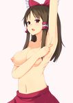  arm_up armpits blush bow breasts brown_eyes brown_hair hair_bow hair_tubes hakurei_reimu highres large_breasts long_hair navel nipples ocha_(ochappie) open_mouth simple_background skirt solo topless touhou 