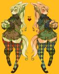  &lt;3 anthro blush bottomless canine clothed clothing coat collar female fox fur green_eyes hair jacket legwear long_hair looking_at_viewer mammal nails orange_background plain_background ribbons ricosye shoes smile standing stockings thick_thighs thighs wide_hips yellow_eyes 