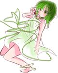  1girl ansatsu_kyoushitsu bare_shoulders barefoot blush cherry dress food fruit green_eyes green_hair kayano_kaede short_hair 